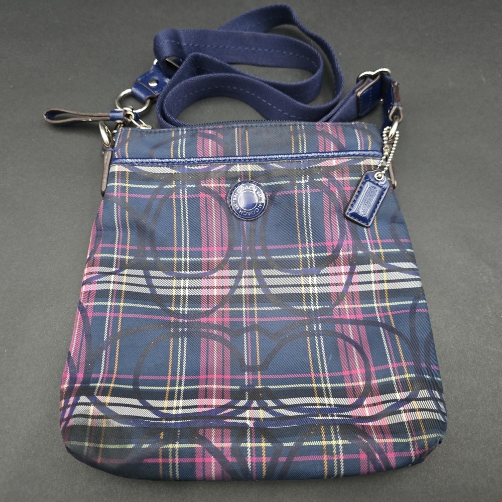 Coach Poppy Tartan Plaid Signature Crossbody Bag Purse Blue Purple Pink